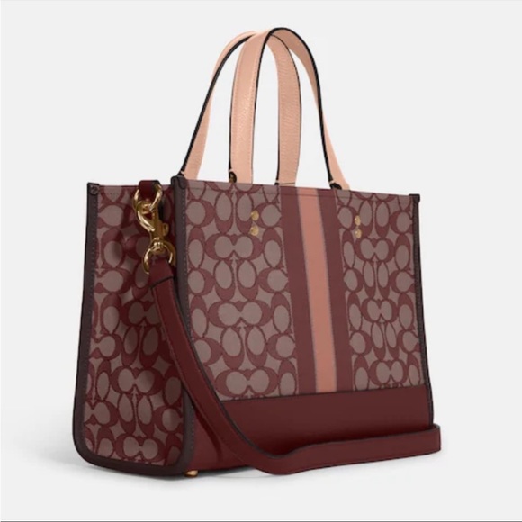 COACH DEMPSEY Tote PURSE 22 Wine Signature Jacquard w Stripe & Patch NWT $378. - Picture 3 of 7